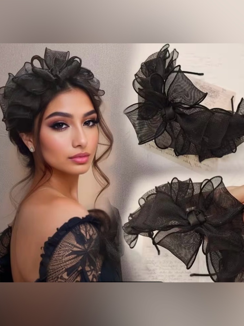 Glamorous Women Headband High Multilayer Netting Bowknot Rose Fashion Hair Band.